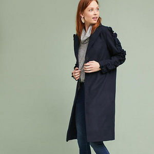 ANTHROPOLOGIE Navy Ruffled Sleeve Coat S NWT $168